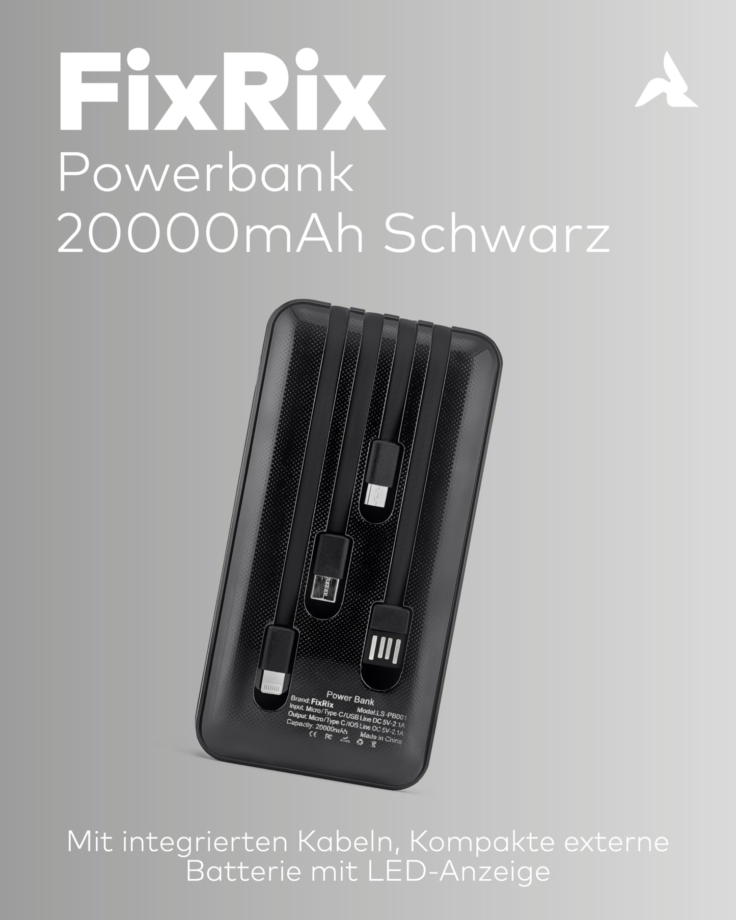 Powerbank 20.000mAh mit Kabel & LED schwarz