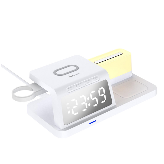 3in1 Qi-Ladestation 15W mit Wecker weiß