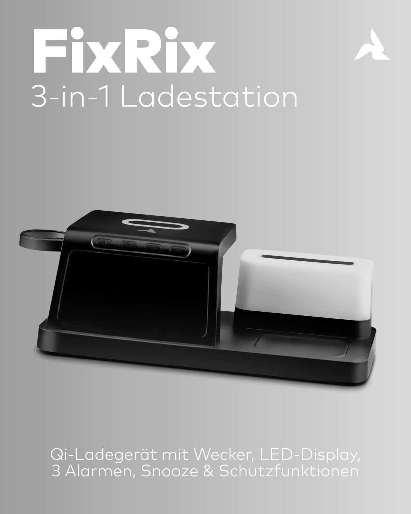 3in1 Qi-Ladestation 15W mit Wecker schwarz