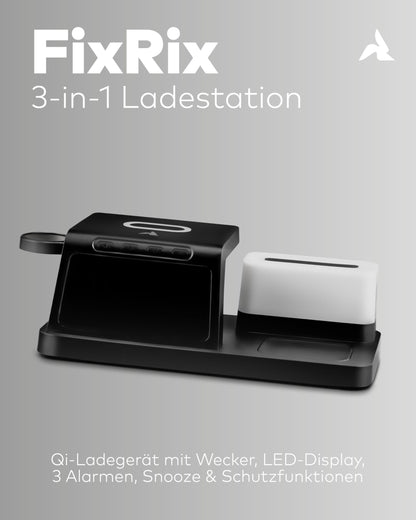3in1 Qi-Ladestation 15W mit Wecker schwarz
