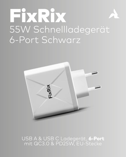 6-Port USB Ladegerät 55W mit USB-C & QC3.0 weiß