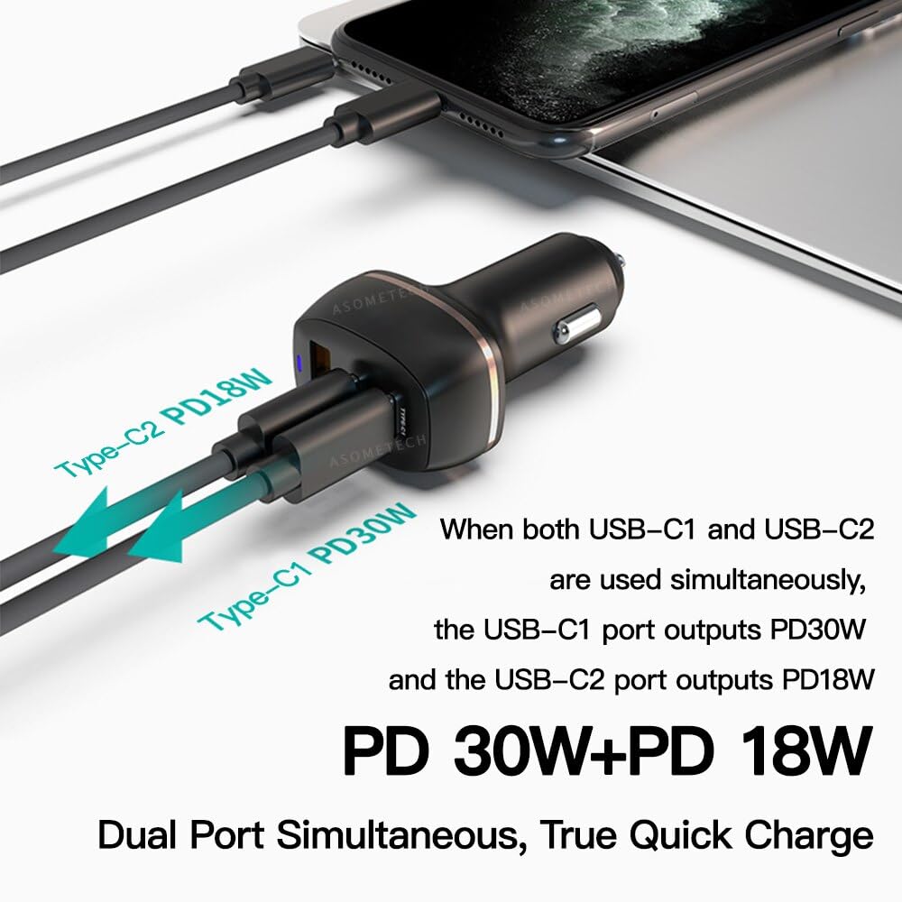 3-Port Car Charger USB-C 30W & QC3.0