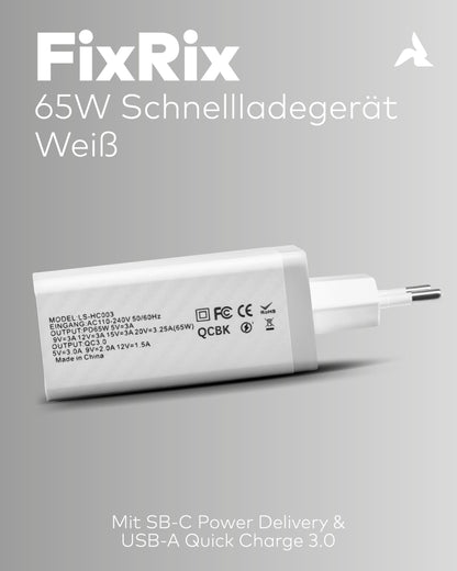 65W USB-C Schnellladegerät mit QC3.0 weiß