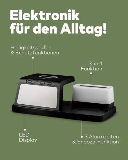 3in1 Qi-Ladestation 15W mit Wecker schwarz