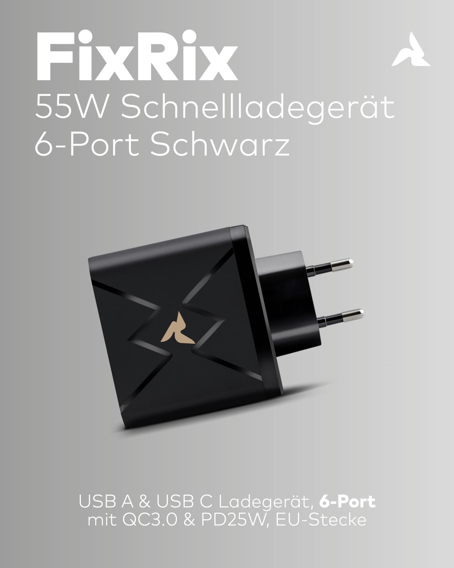 6-Port USB Ladegerät 55W mit USB-C & QC3.0 schwarz
