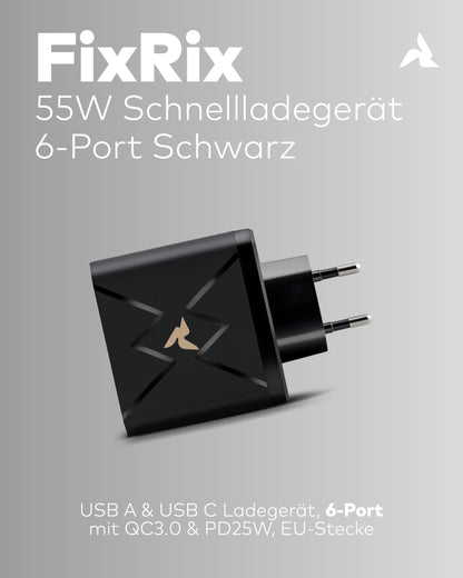 6-Port USB Ladegerät 55W mit USB-C & QC3.0 schwarz