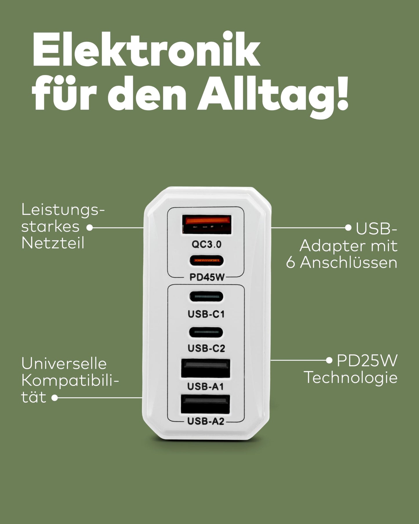 6-Port USB Ladegerät 55W mit USB-C & QC3.0 weiß