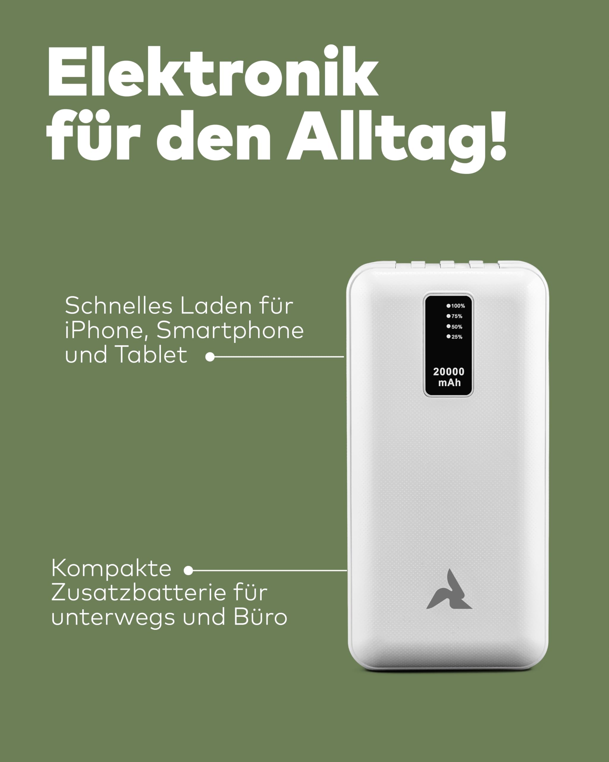 Powerbank 20.000mAh mit Kabel & LED weiß