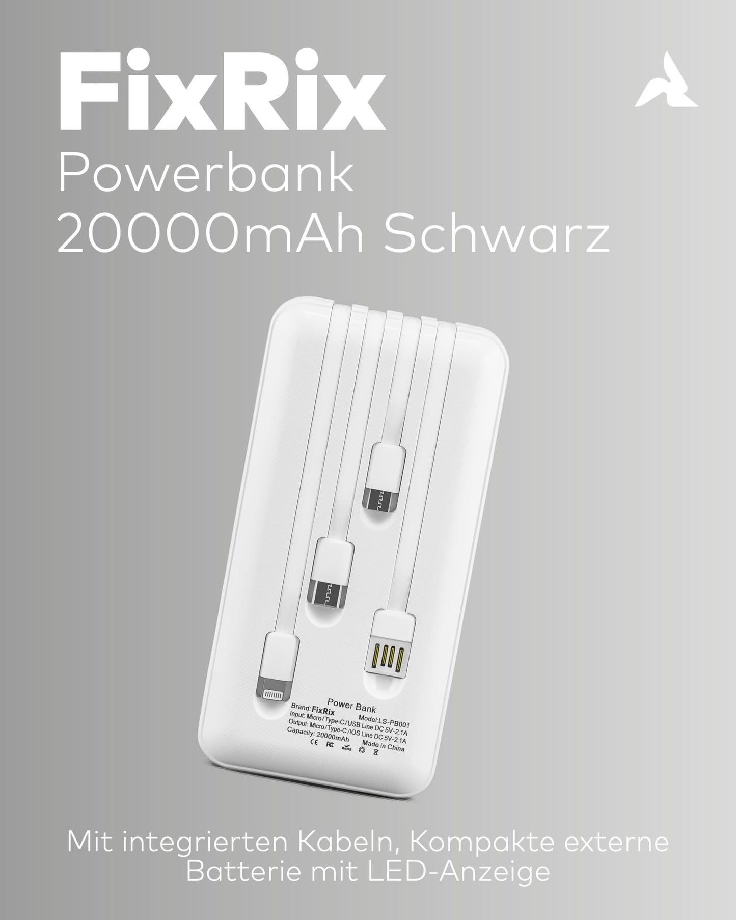 Powerbank 20.000mAh mit Kabel & LED weiß