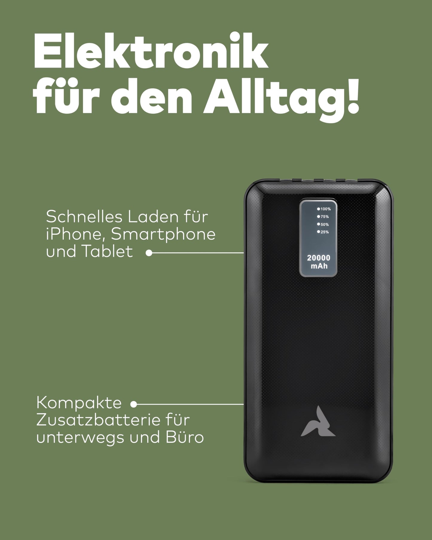 Powerbank 20.000mAh mit Kabel & LED schwarz
