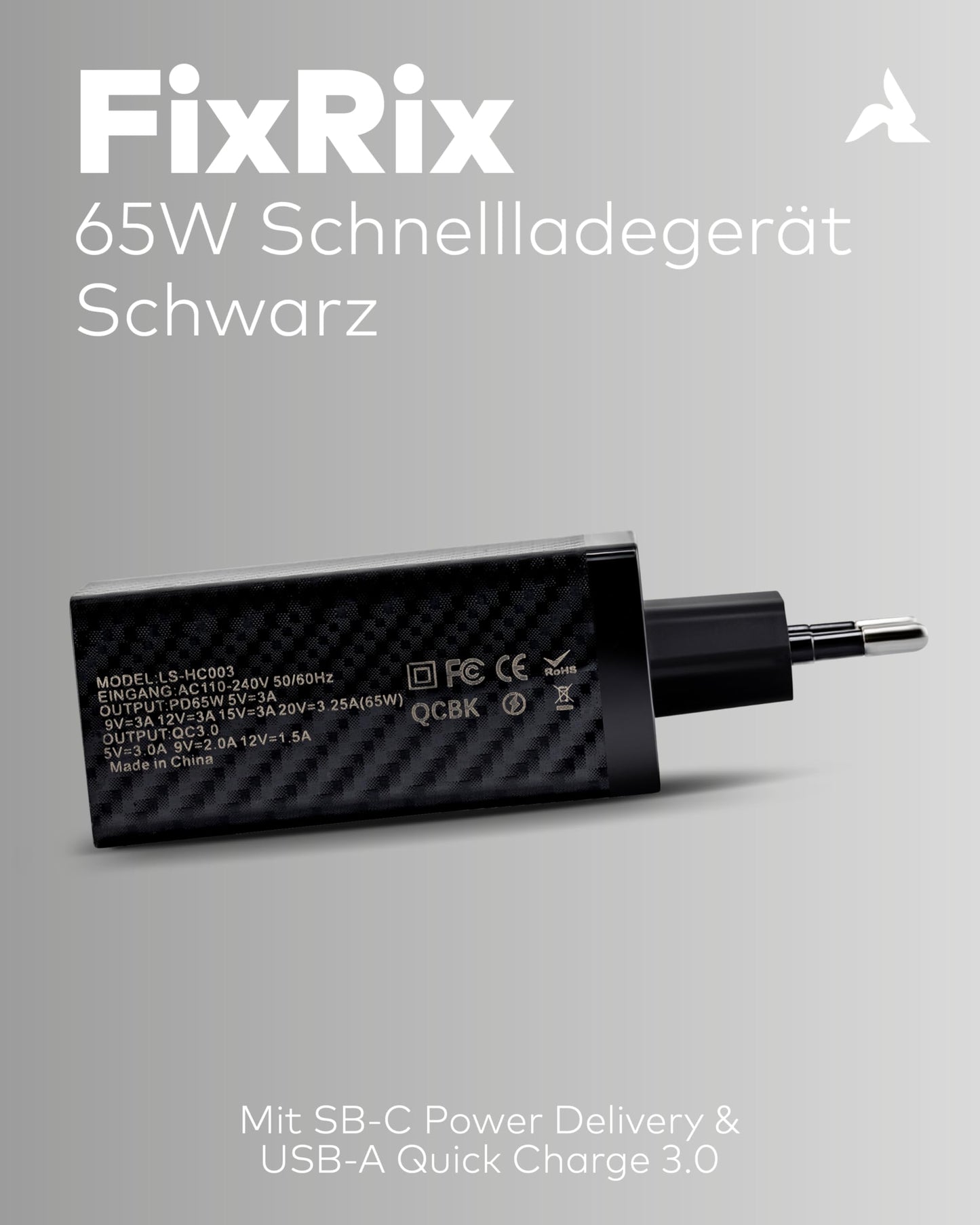 65W USB-C Schnellladegerät mit QC3.0 schwarz