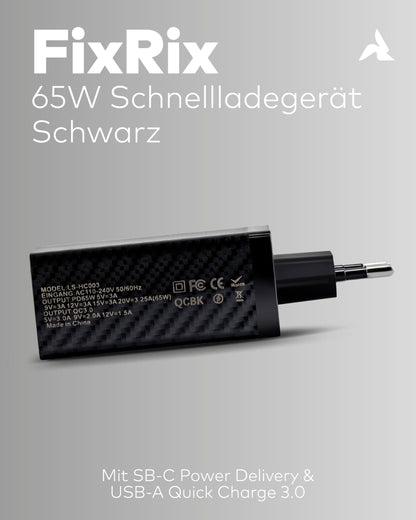 65W USB-C Schnellladegerät mit QC3.0 schwarz