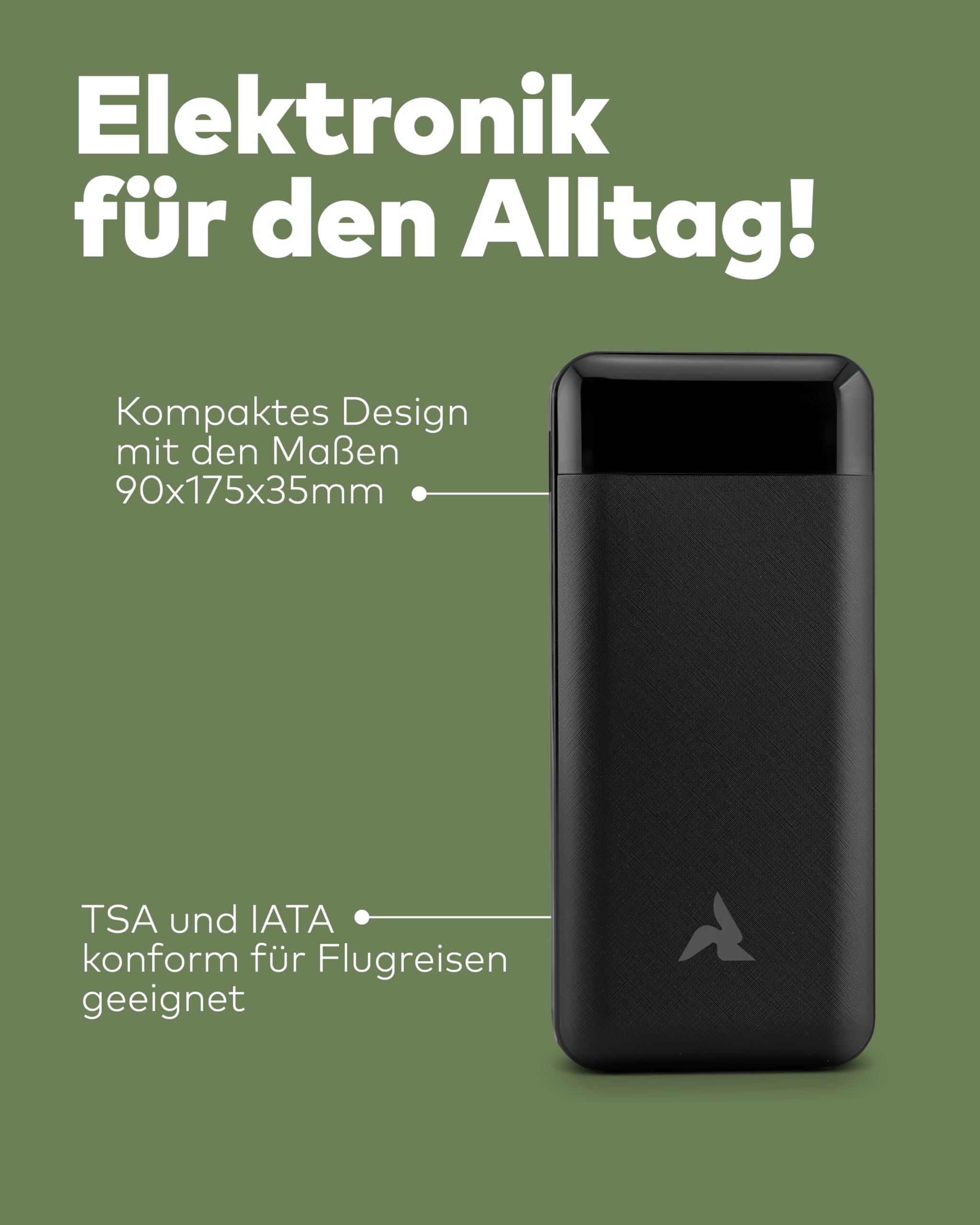 Powerbank 10.000mAh mit Kabel & LED schwarz