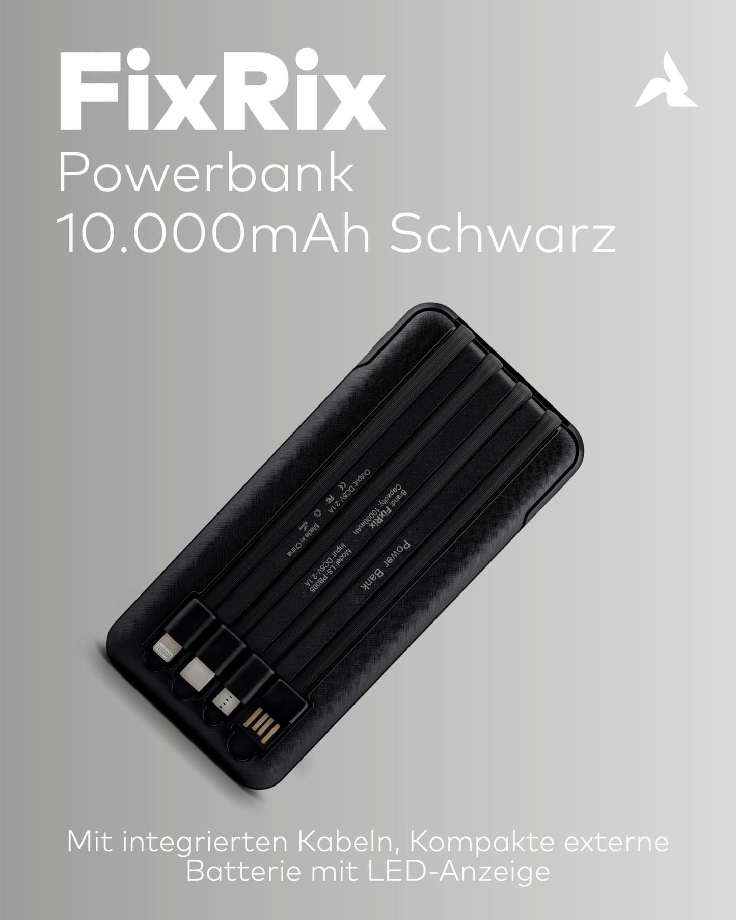 Powerbank 10.000mAh mit Kabel & LED schwarz
