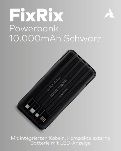 Powerbank 10.000mAh mit Kabel & LED schwarz