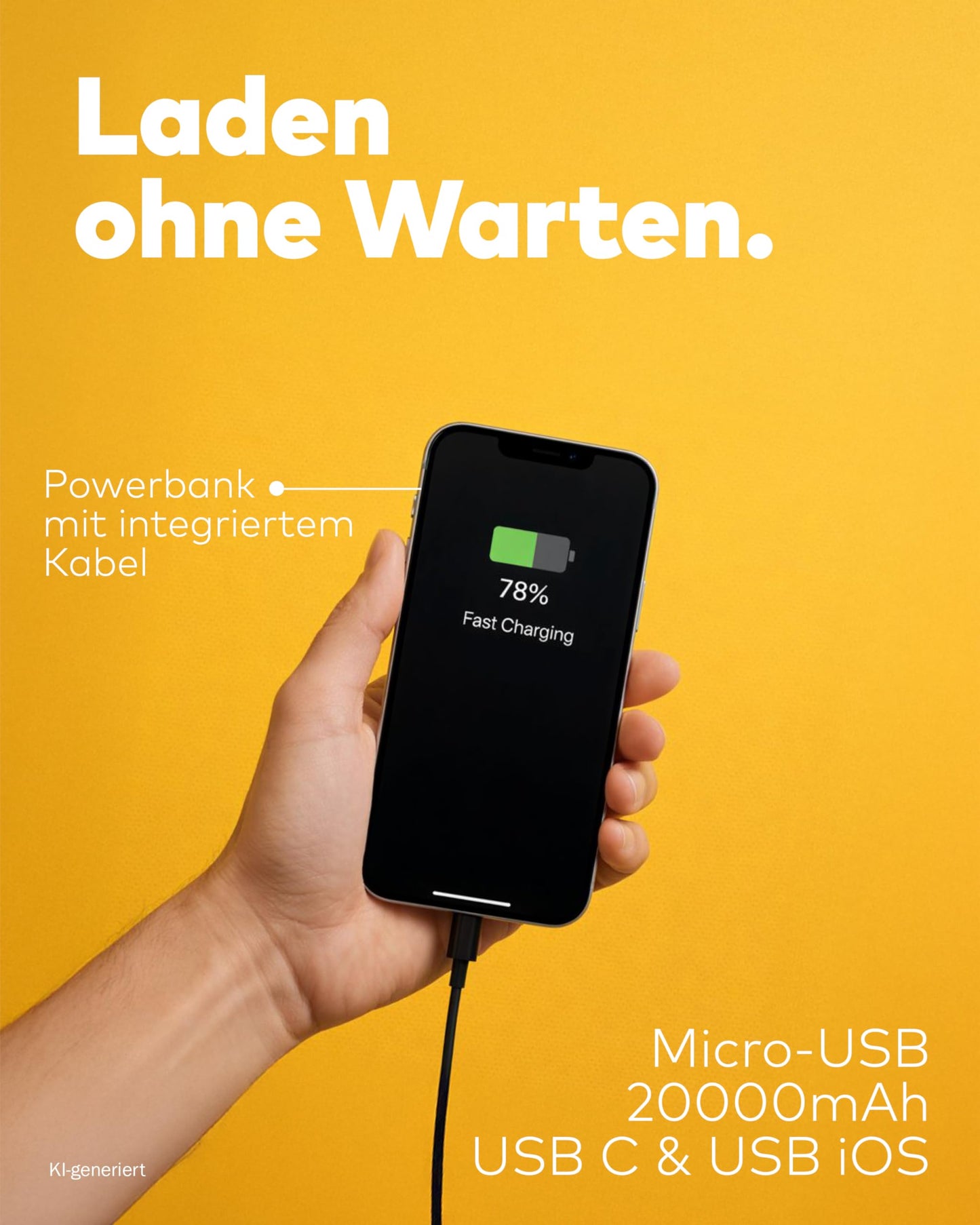 Powerbank 20.000mAh mit Kabel & LED schwarz