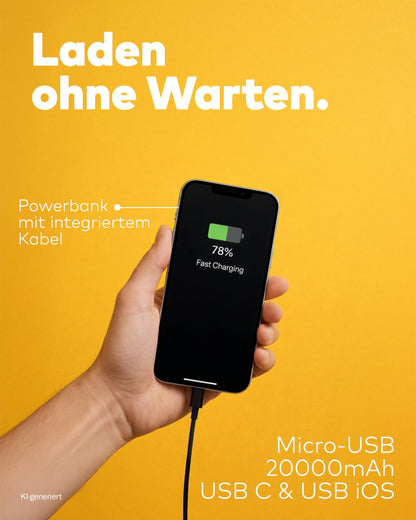 Powerbank 20.000mAh mit Kabel & LED schwarz