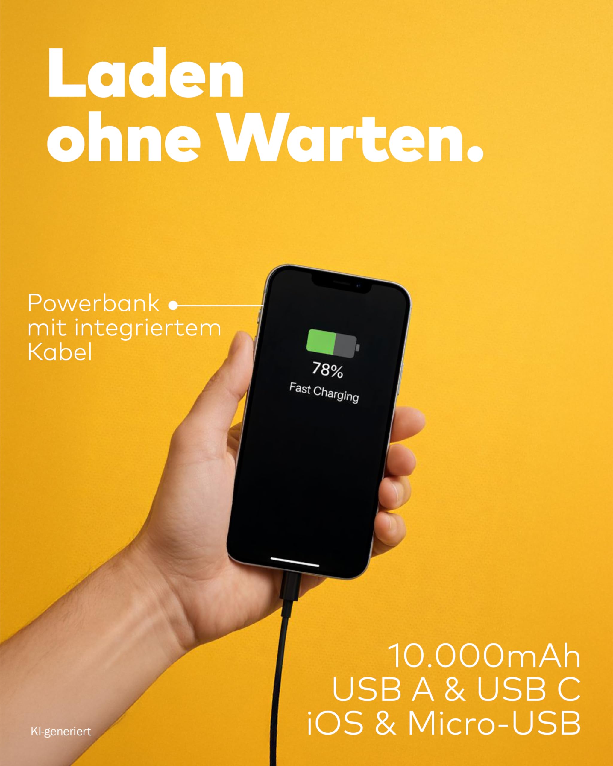 Powerbank 10.000mAh mit Kabel & LED schwarz