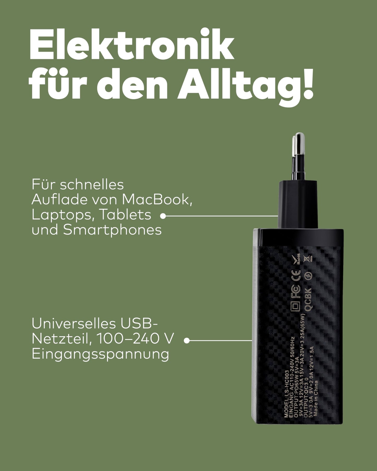 65W USB-C Schnellladegerät mit QC3.0 schwarz